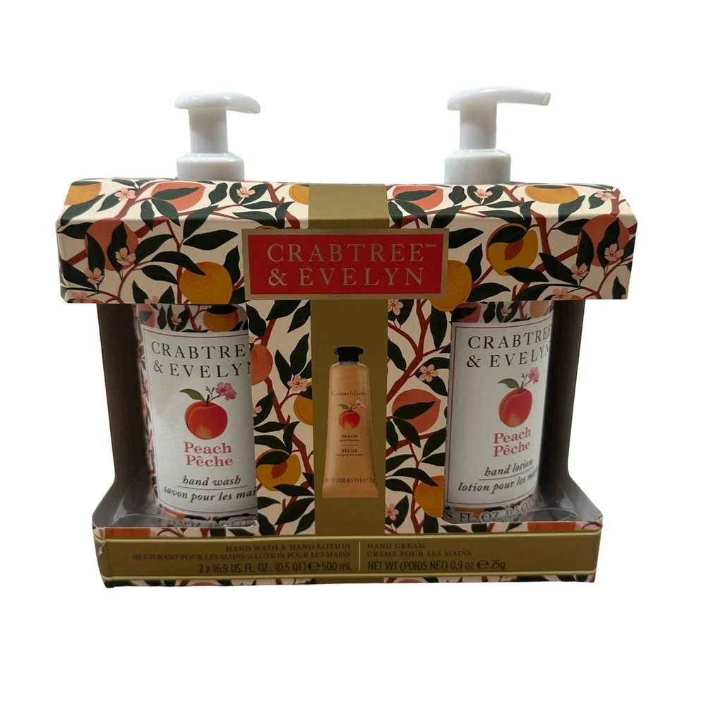 Crabtree & Evelyn Peach Peche Hand Care Gift Set Wash Lotion Cream 3 Piece NEW